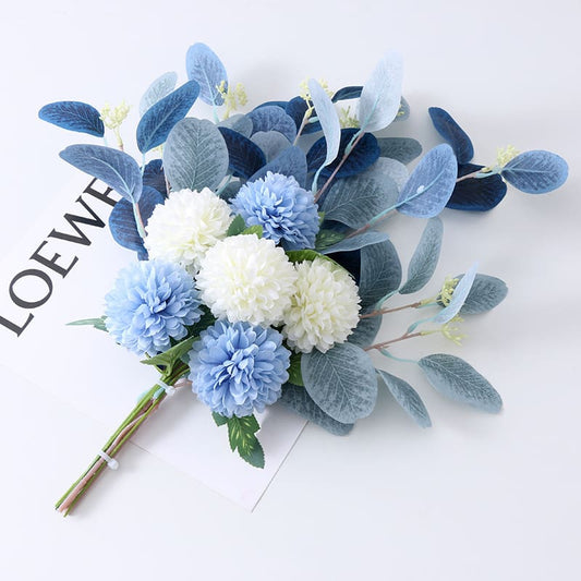 Display for blue and white artificial chrysanthemum ball flower bouquet.