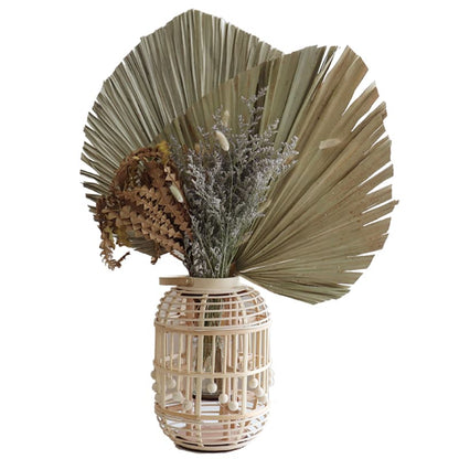 Display for bamboo woven lantern vase.