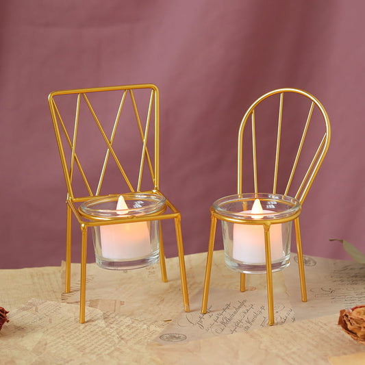 Display for square and round creative chair metal candle holder.