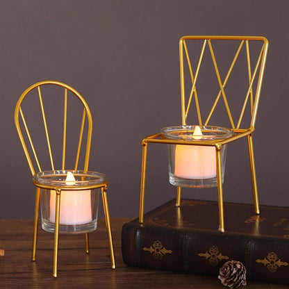 Display for square and round creative chair metal candle holder.