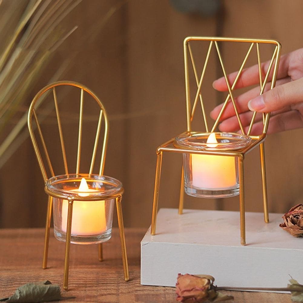 Display for square and round creative chair metal candle holder.