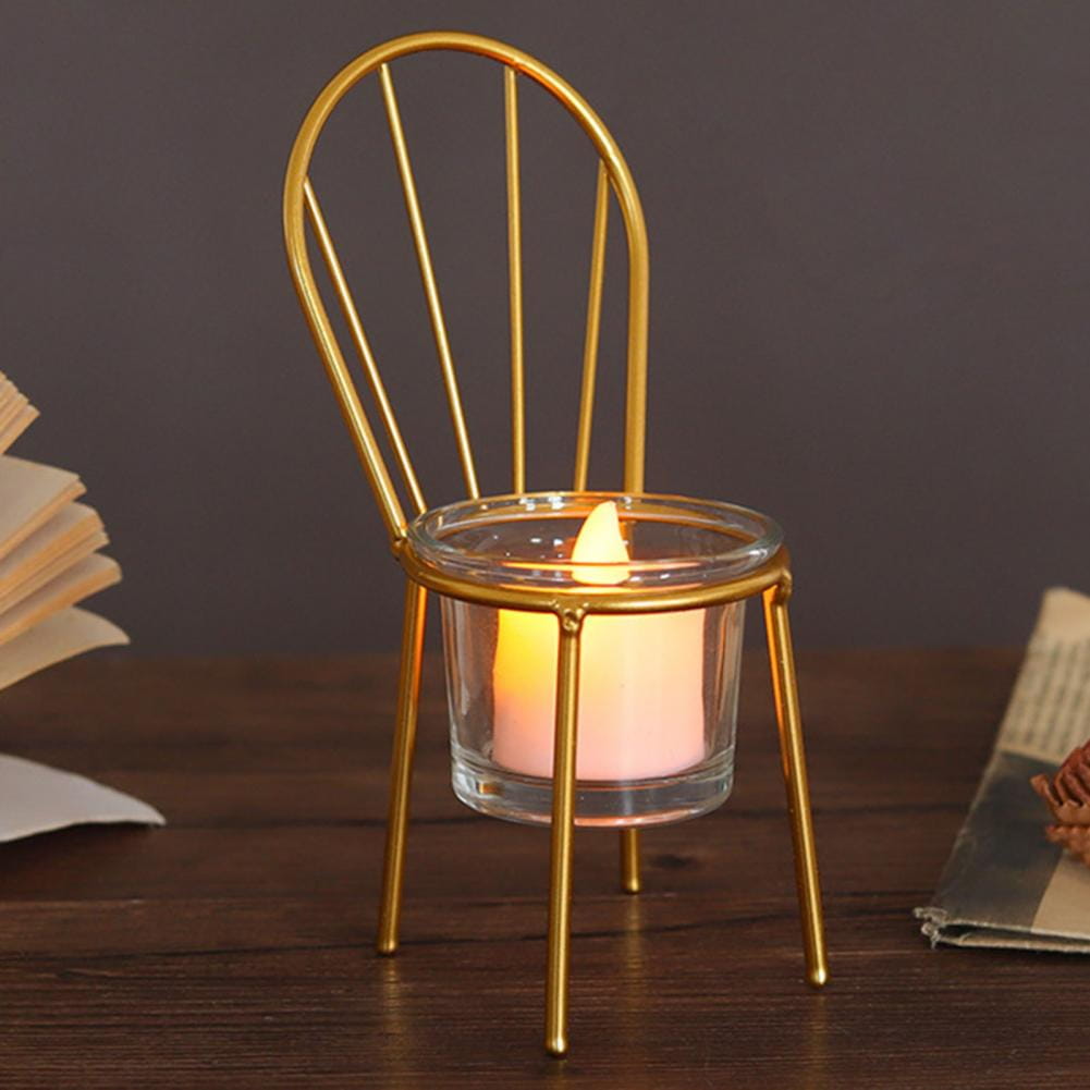 Display for round creative chair metal candle holder.