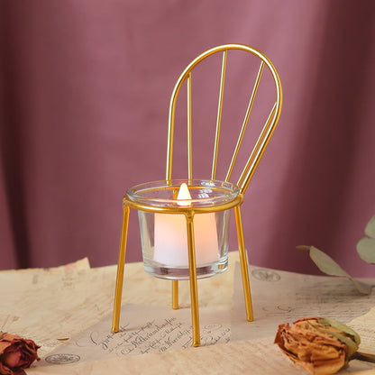 Display for round creative chair metal candle holder.