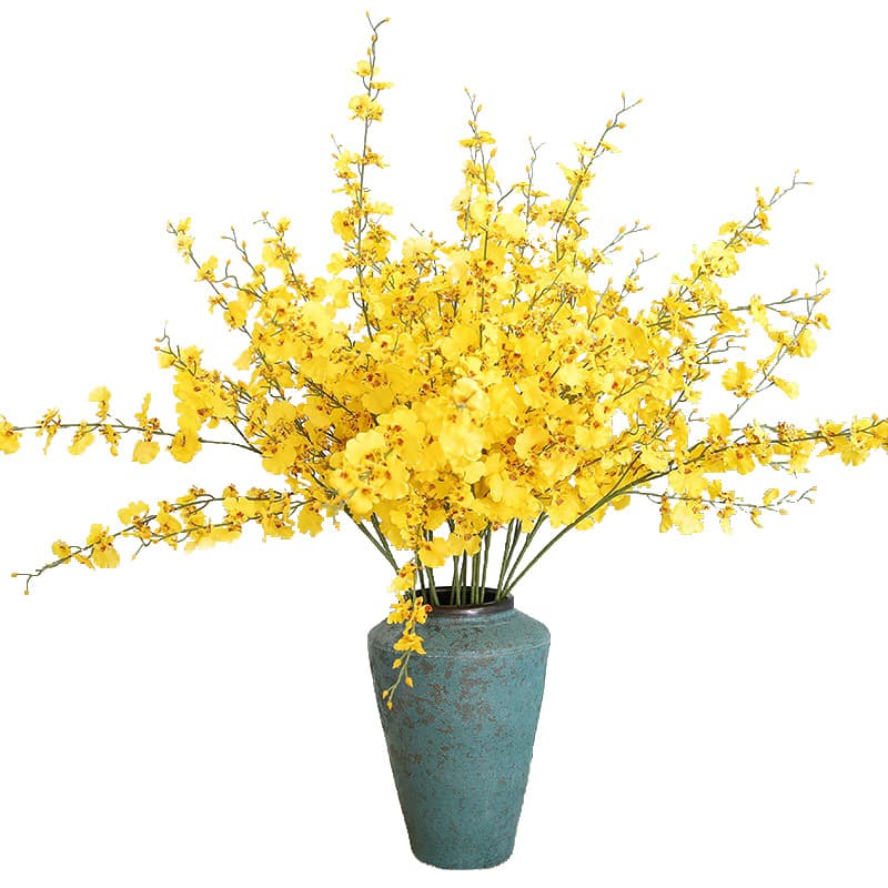 Display for yellow dancing orchid artificial flower.