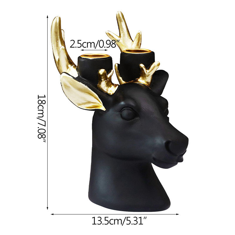 Display for black deer head resin candle holder.