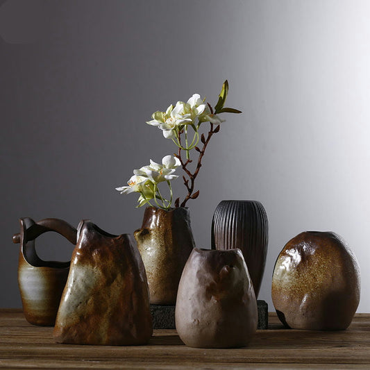 Display for faux stone design ceramic vase.