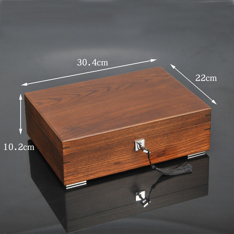 Exterior and size for brown large wooden 2-tier jewelry box with lock and key.