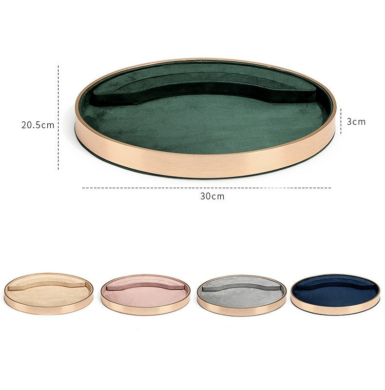 Size for 3 colors suede with gold metal base oval jewelry tray.