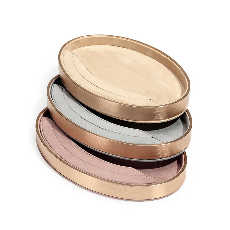 Stack-up for 3 colors suede with gold metal base oval jewelry tray.