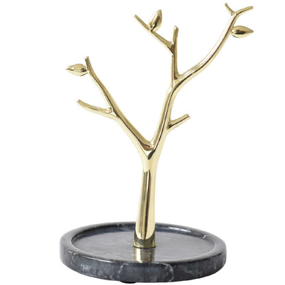 Display for Gold metal tree-shaped jewelry stand tower with black marble base.