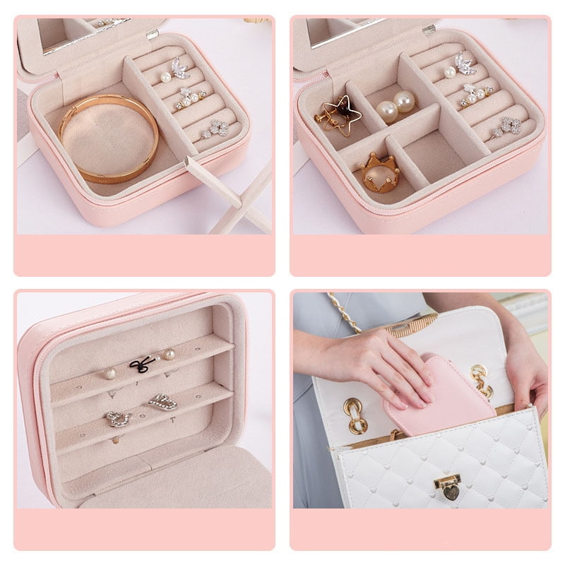 Detail display for pink mini portable jewelry box with zipper closure.