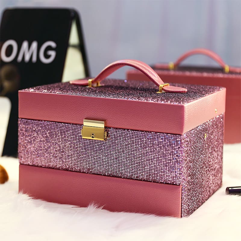 Exterior for pink pu leather and sequins snap on jewelry box.