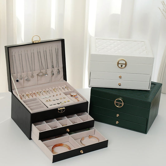 Exterior and interior for jewelry box, the upper layer is designed with lock, the lower layers are removable drawers.