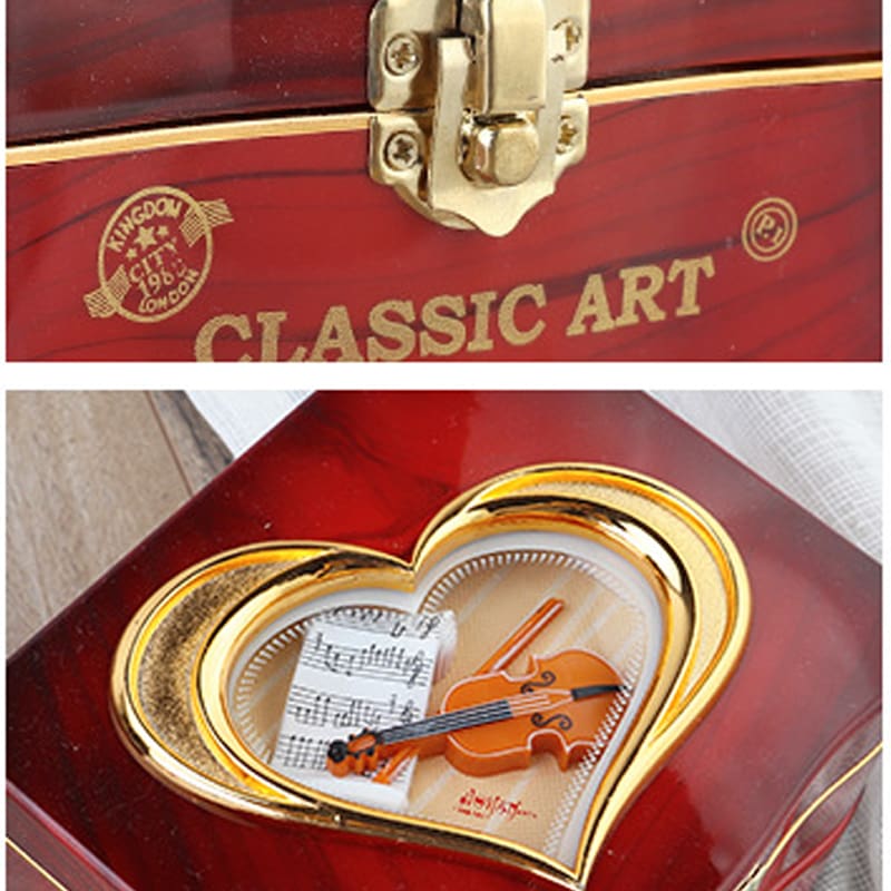 Close-up of exterior for red spin dancing ballerina jewelry box for girl.