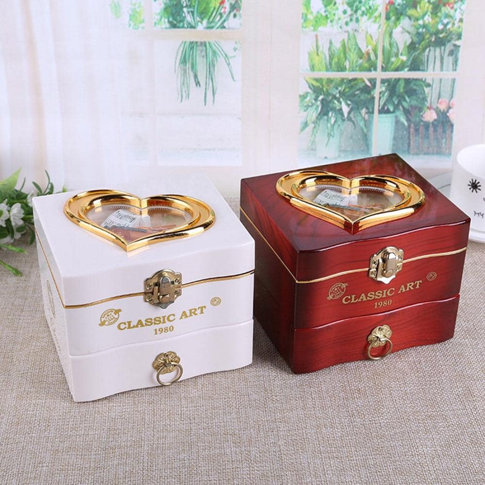 Exterior for red and white spin dancing ballerina jewelry boxes for girl.