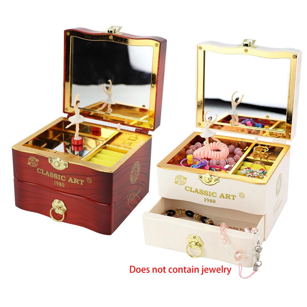 Interior for red and white spin dancing ballerina jewelry boxes for girl.