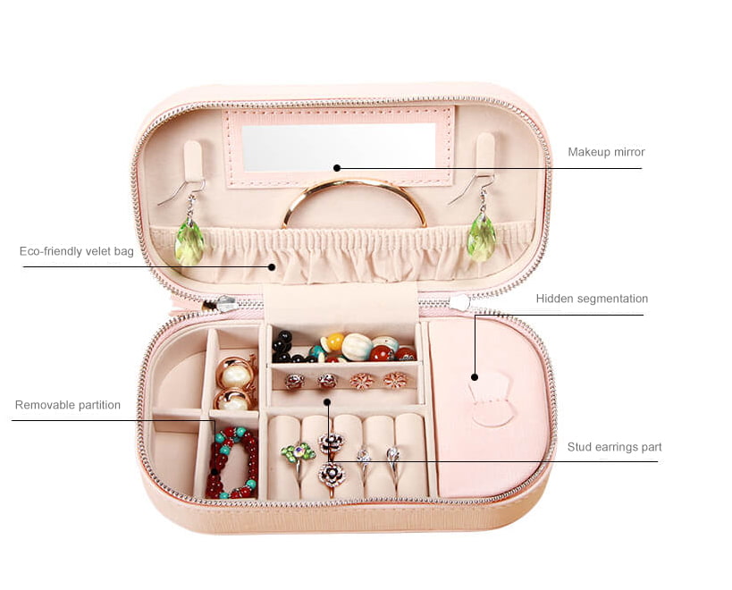 Details display for pink portable jewelry box designed with tassels and zipper closure.