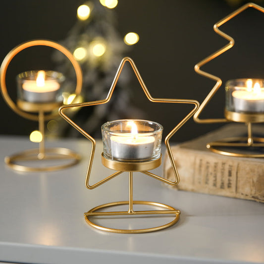 Display for tree star round metal candle holder.