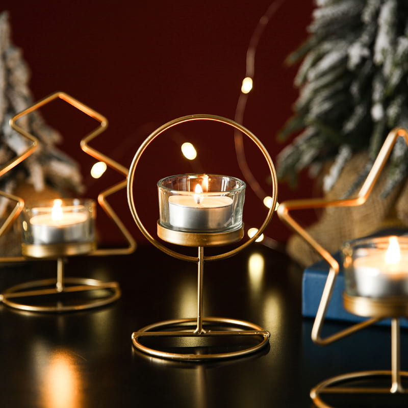 Display for tree star round metal candle holder.