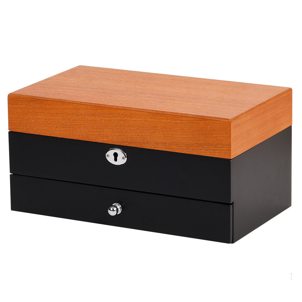 Display for black chic wooden jewelry box with lock and key.