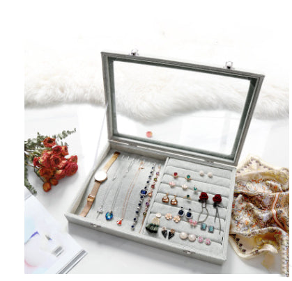 Style 4 dustproof glass snap on jewelry box with gray velvet.