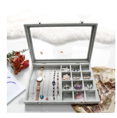 Style 6 dustproof glass snap on jewelry box with gray velvet.