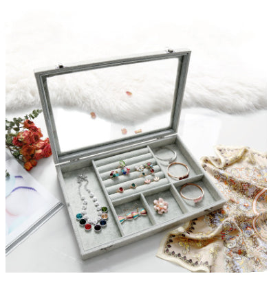 Style 8 dustproof glass snap on jewelry box with gray velvet.