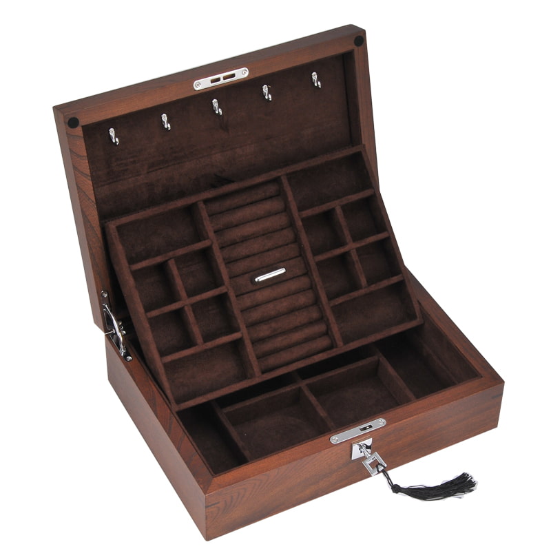 Dark brown large wooden 2-tier jewelry box with lock and key.