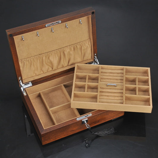Display for light brown large wooden 2-tier jewelry box with lock and key.