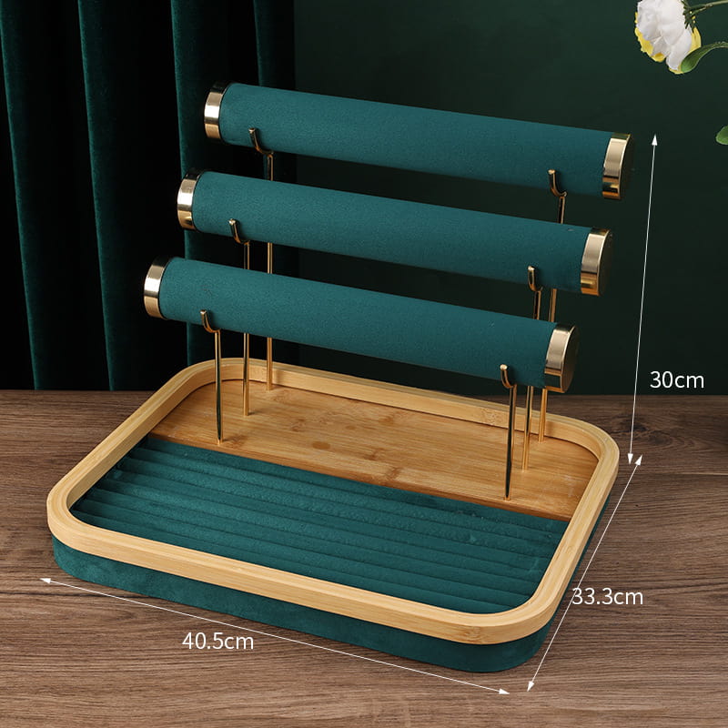 Green light luxury jewelry stand tower with bamboo plate.