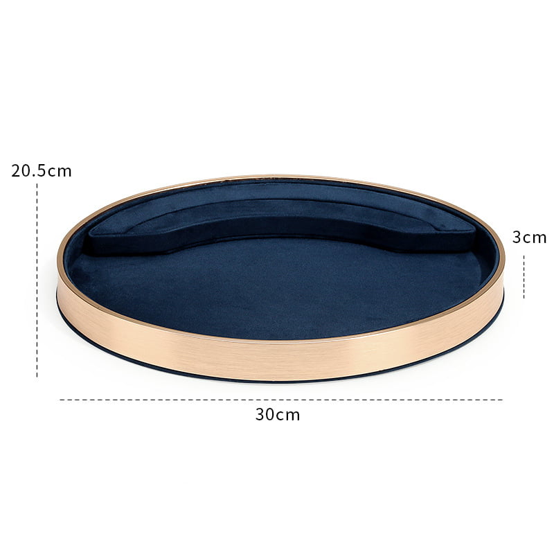 Blue suede with gold metal base oval jewelry tray.