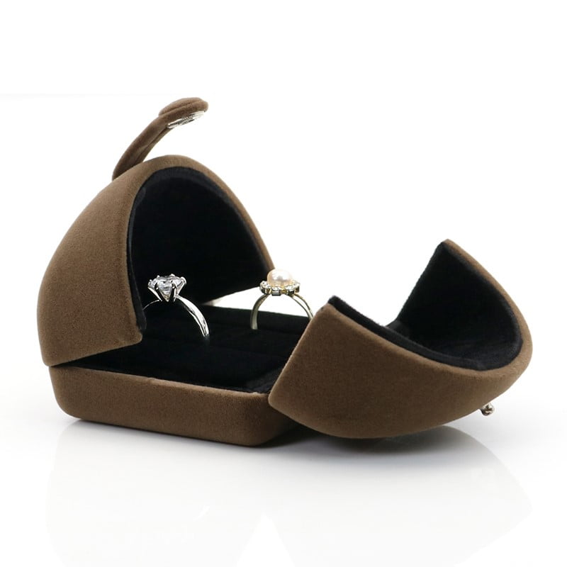 Brown plush double slot wedding proposal ring box.