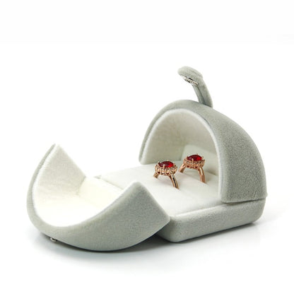 Grey plush double slot wedding proposal ring box.