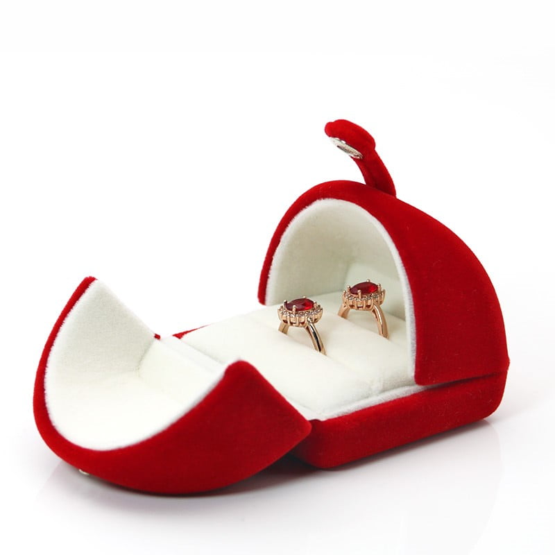 Red plush double slot wedding proposal ring box.