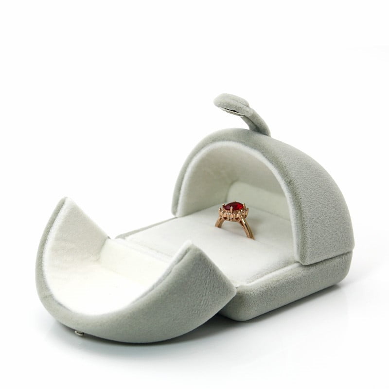 Grey plush single slot wedding proposal ring box.