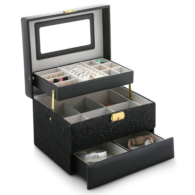 Created by black pu leather and sequins snap on jewelry box