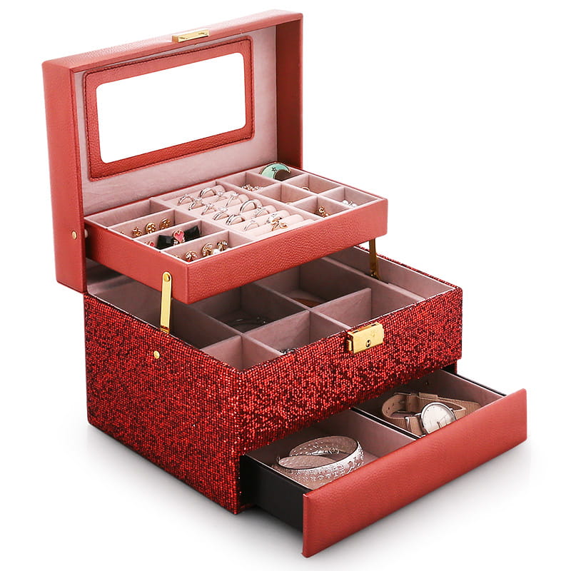 Created by red pu leather and sequins snap on jewelry box