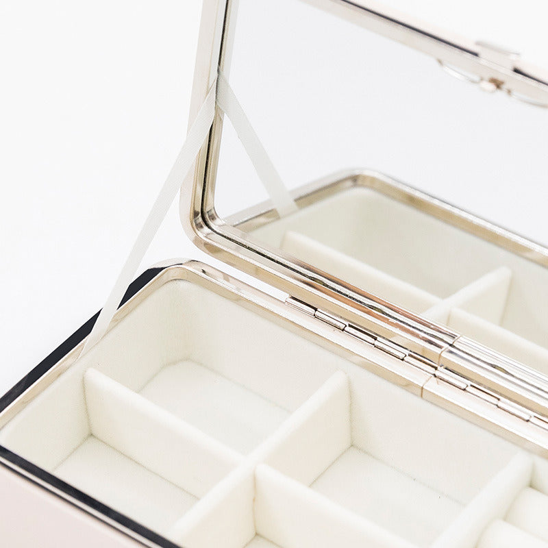 Close-up of interior for friendly PU simple snap on rice white jewelry box.