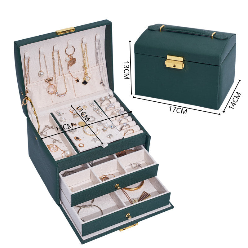 Dark Green Jewelry box with handle, this one is made of PU leather and velvet.