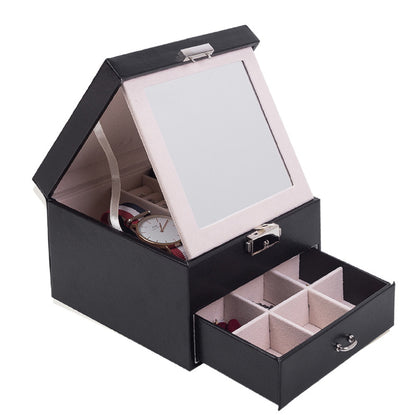 Black pu leather snap on jewelry box with mirror.