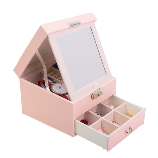 Pink pu leather snap on jewelry box with mirror.