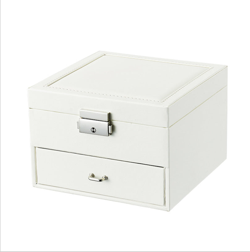 Exterior for white pu leather snap on jewelry box with mirror.