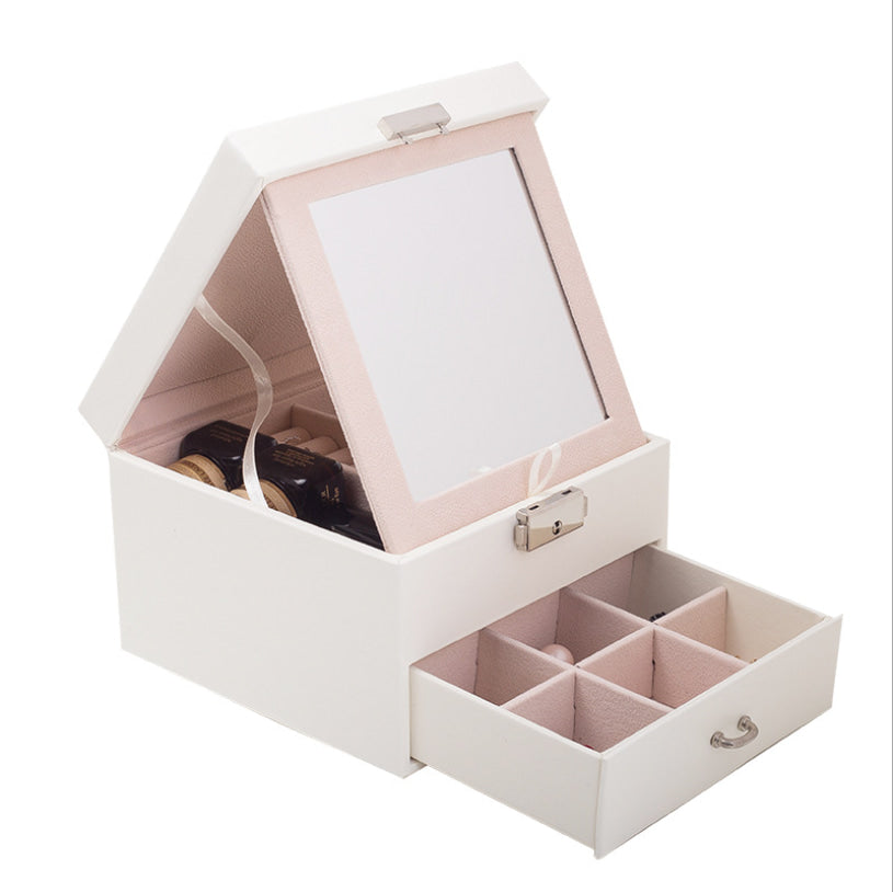 White pu leather snap on jewelry box with mirror.