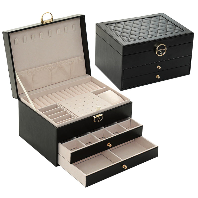 Black jewelry box, the upper layer is designed with lock, the lower layers are removable drawers.