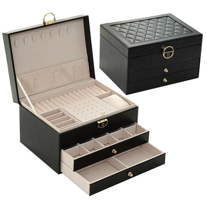 Black jewelry box, the upper layer is designed with lock, the lower layers are removable drawers.