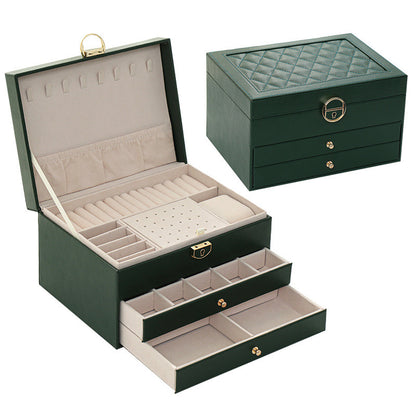 Dark Green jewelry box, the upper layer is designed with lock, the lower layers are removable drawers.