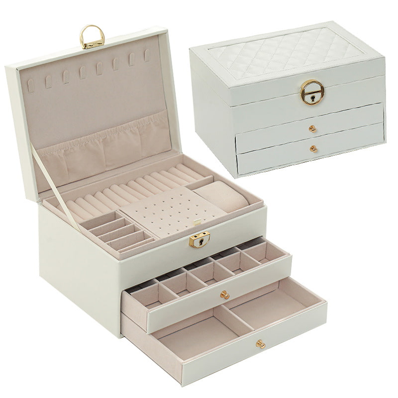 White jewelry box, the upper layer is designed with lock, the lower layers are removable drawers.