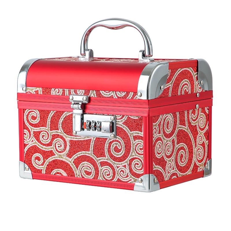 Red retro jewelry box with combination lock.