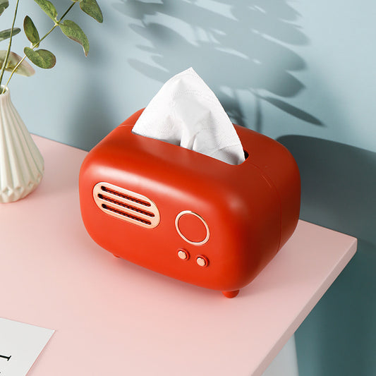 Display for red retro radio tissue box.