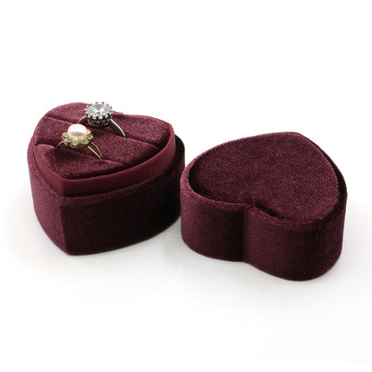 Dark purple sweet heart velvet ring box with double slot.